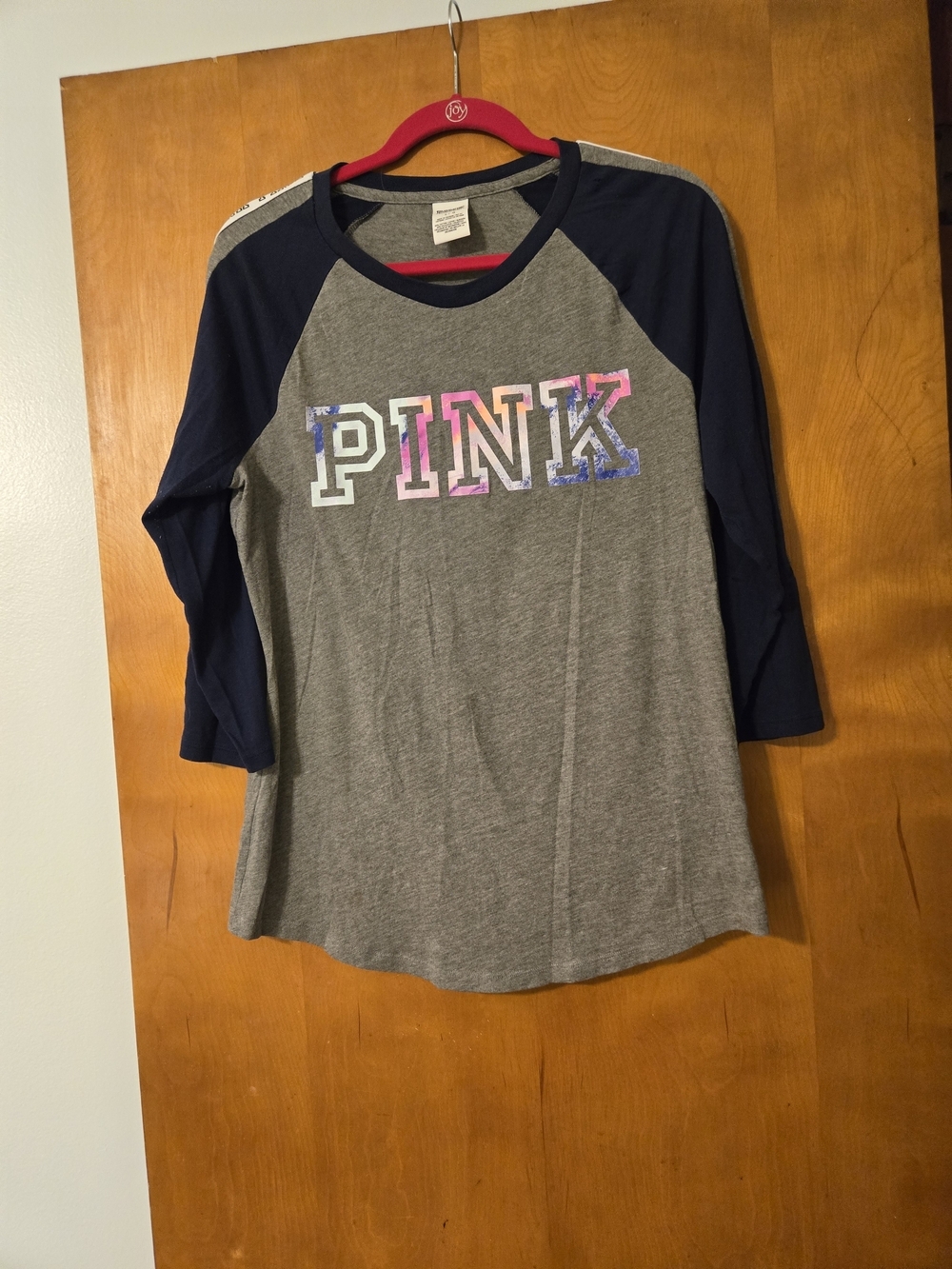 Victoria's Secret PINK Gray & Navy Blue 3/4 Sleeve Baseball Shirt Size L